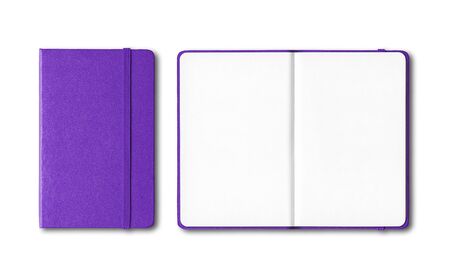 Purple closed and open notebooks mockup isolated on whiteの写真素材