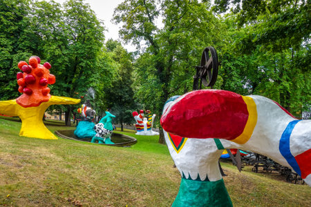 Stockholm/Sweden - Agust 4, 2017 - Niki de Saint Phalle and Jean Tinguely sculptures in modern art museum gardenのeditorial素材