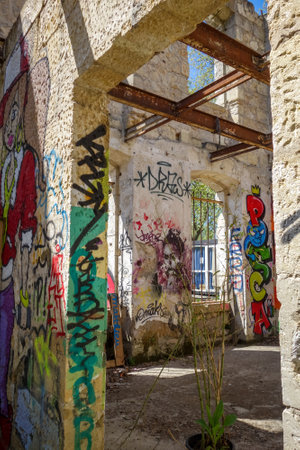 Bordeaux/France - April 18, 2018 : Graffitis in Darwin old buildings, Caserne Niel.のeditorial素材