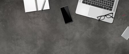 Modern office concrete desk mockup. Top view bannerの写真素材