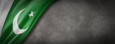 Pakistan flag on concrete wall. Horizontal panoramic banner. 3D illustrationの写真素材