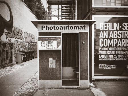 Berlin/Germany - April 22, 2014 : Vintage Photoautomat photo boot. Black and white photographyのeditorial素材