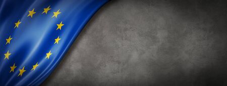 European union flag on concrete wall. Horizontal panoramic banner. 3D illustrationの写真素材