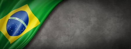 Brazil flag on concrete wall. Horizontal panoramic banner. 3D illustrationの写真素材