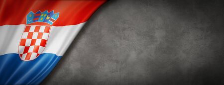 Croatia flag on concrete wall. Horizontal panoramic banner. 3D illustrationの写真素材