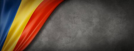Romania flag on concrete wall. Horizontal panoramic banner. 3D illustrationの写真素材