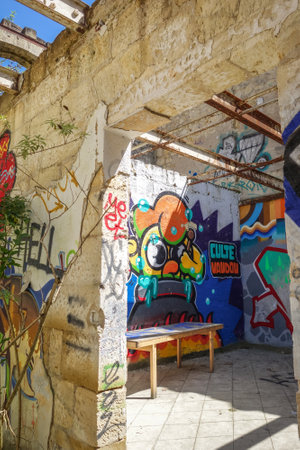 Bordeaux/France - April 18, 2018 : Graffitis in Darwin old buildings, Caserne Niel.のeditorial素材