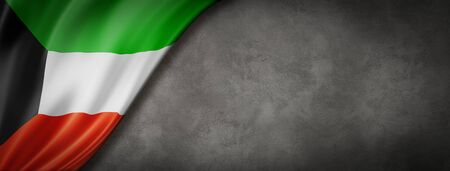 Kuwait flag on concrete wall. Horizontal panoramic banner. 3D illustrationの写真素材