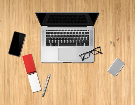Modern office wooden desk mockup top viewの写真素材