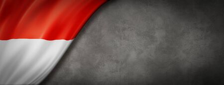 Indonesia flag on concrete wall. Horizontal panoramic banner. 3D illustrationの写真素材