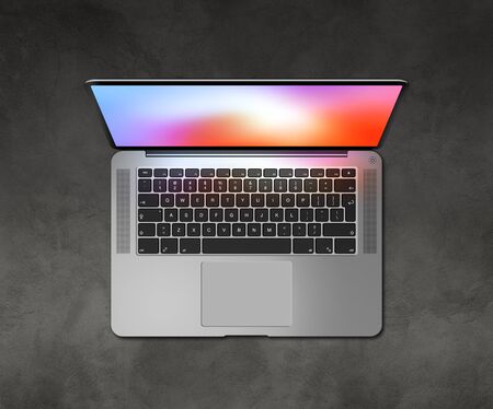 Open laptop top view with colorful screen on concrete desk. 3D render illustrationの写真素材