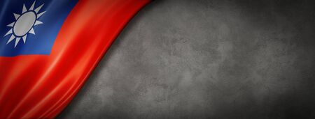Taiwan flag on concrete wall. Horizontal panoramic banner. 3D illustrationの写真素材