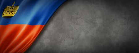 Liechtenstein flag on concrete wall. Horizontal panoramic banner. 3D illustrationの写真素材