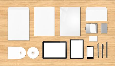 Corporate branding mockup template, isolated on wooden desk backgroundの写真素材