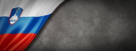Slovenia flag on concrete wall. Horizontal panoramic banner. 3D illustrationの写真素材