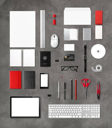 Office supplies mockup template, isolated on concrete backgroundの写真素材