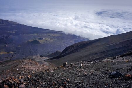 Cha das Caldeiras over the clouds view from Pico do Fogo in Cape Verde, Africaの写真素材