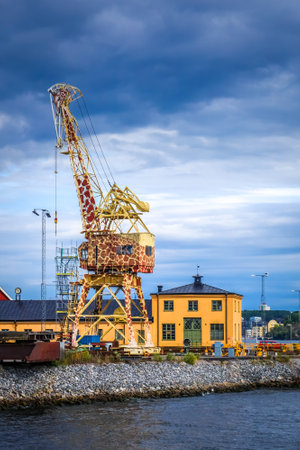 Stockholm/Sweden - August 1, 2017 - Girafe crane in industrial dockのeditorial素材