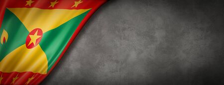 Grenada flag on concrete wall. Horizontal panoramic banner. 3D illustrationの写真素材
