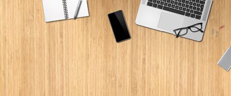Modern office wooden desk mockup. Top view bannerの写真素材
