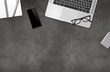 Modern office concrete desk mockup top viewの写真素材