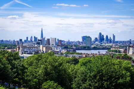 Canary Wharf panoramic view from Greenwich Park, London, United Kingdomの写真素材