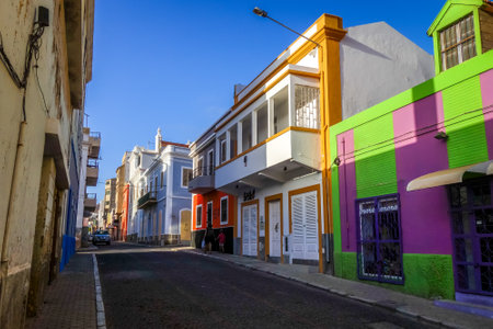 Mindelo/Cape Verde - August 20, 2018 - Colorful houses and city streets, Sao Vicenteのeditorial素材