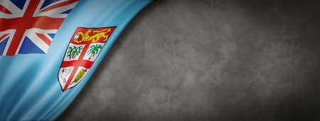 Cook Islands flag on concrete wall. Horizontal panoramic banner. 3D illustrationの写真素材