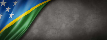 Solomon Islands flag on concrete wall. Horizontal panoramic banner. 3D illustrationの写真素材