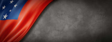 Samoa flag on concrete wall. Horizontal panoramic banner. 3D illustrationの写真素材