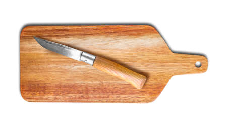 Wooden cutting board and pocket knife isolated on white background