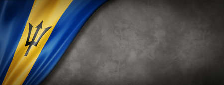 Barbados flag on concrete wall. Horizontal panoramic banner. 3D illustrationの写真素材