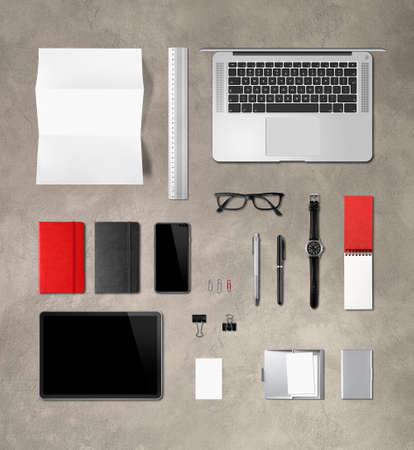 Concrete office desk branding mockup. Top viewの写真素材