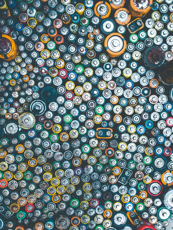 Old used batteries group. Top view background texture wallpaperの写真素材