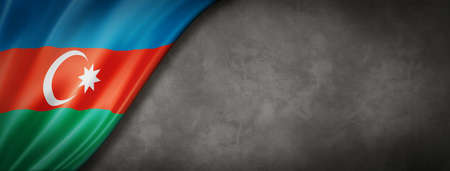 Azerbaijan flag on concrete wall. Horizontal panoramic banner. 3D illustrationの写真素材