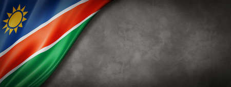 Namibia flag on concrete wall. Horizontal panoramic banner. 3D illustrationの写真素材