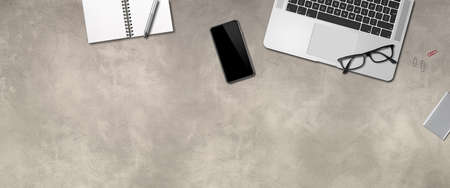 Modern office concrete desk mockup. Top view bannerの写真素材