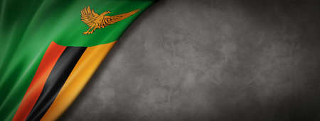 Zambia flag on concrete wall. Horizontal panoramic banner. 3D illustrationの写真素材
