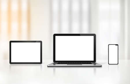 Laptop, mobile phone and digital tablet pc on office desk interior background. 3D Illustrationの写真素材
