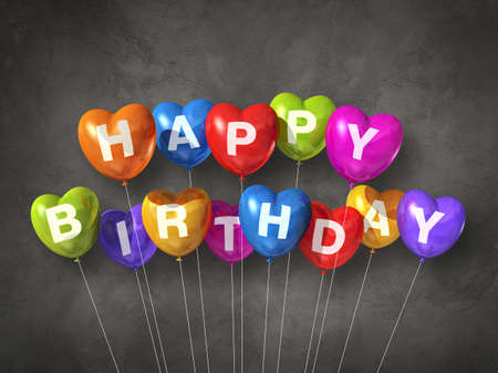 Colorful happy birthday heart shape air balloons on a concrete background. 3D illustration renderの写真素材
