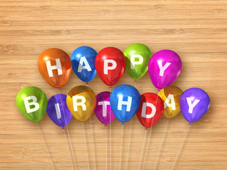Colorful happy birthday air balloons on a wooden background. 3D illustration renderの写真素材