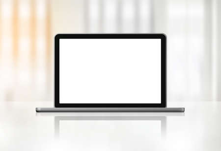 3D blank laptop computer isolated on office desk interior background. Illustration