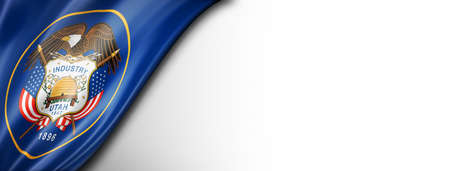 Utah flag on white wall banner, USA. 3D illustration