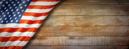 USA flag on vintage wood wall. Horizontal panoramic banner.の写真素材