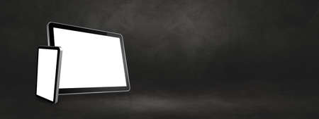 Mobile phone and digital tablet pc on dark concrete office scene. Horizontal background banner. 3D...