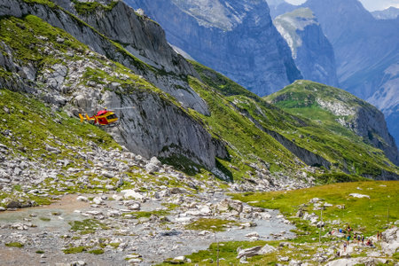 Pralognan/France - August 10, 2020 : Mountain rescue helicopter in in Vanoise national Park, french alpsのeditorial素材