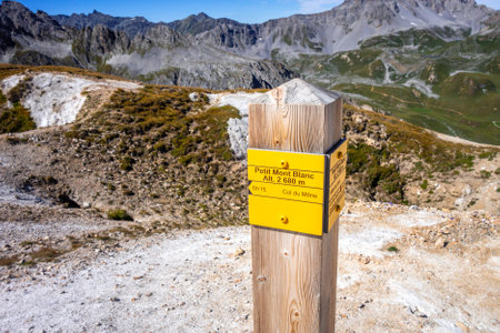 Pralognan/France - August 26, 2020 : Trail sign board in Vanoise National Parkのeditorial素材
