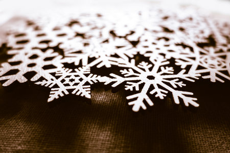 Wooden snowflake christmas ornament. Background decorationの写真素材