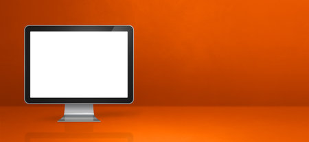 Computer pc - orange office desk banner. 3D Illustrationの写真素材