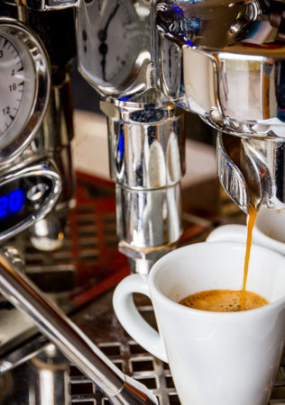 Coffee machine, percolator, close-up view. Bar background.の写真素材
